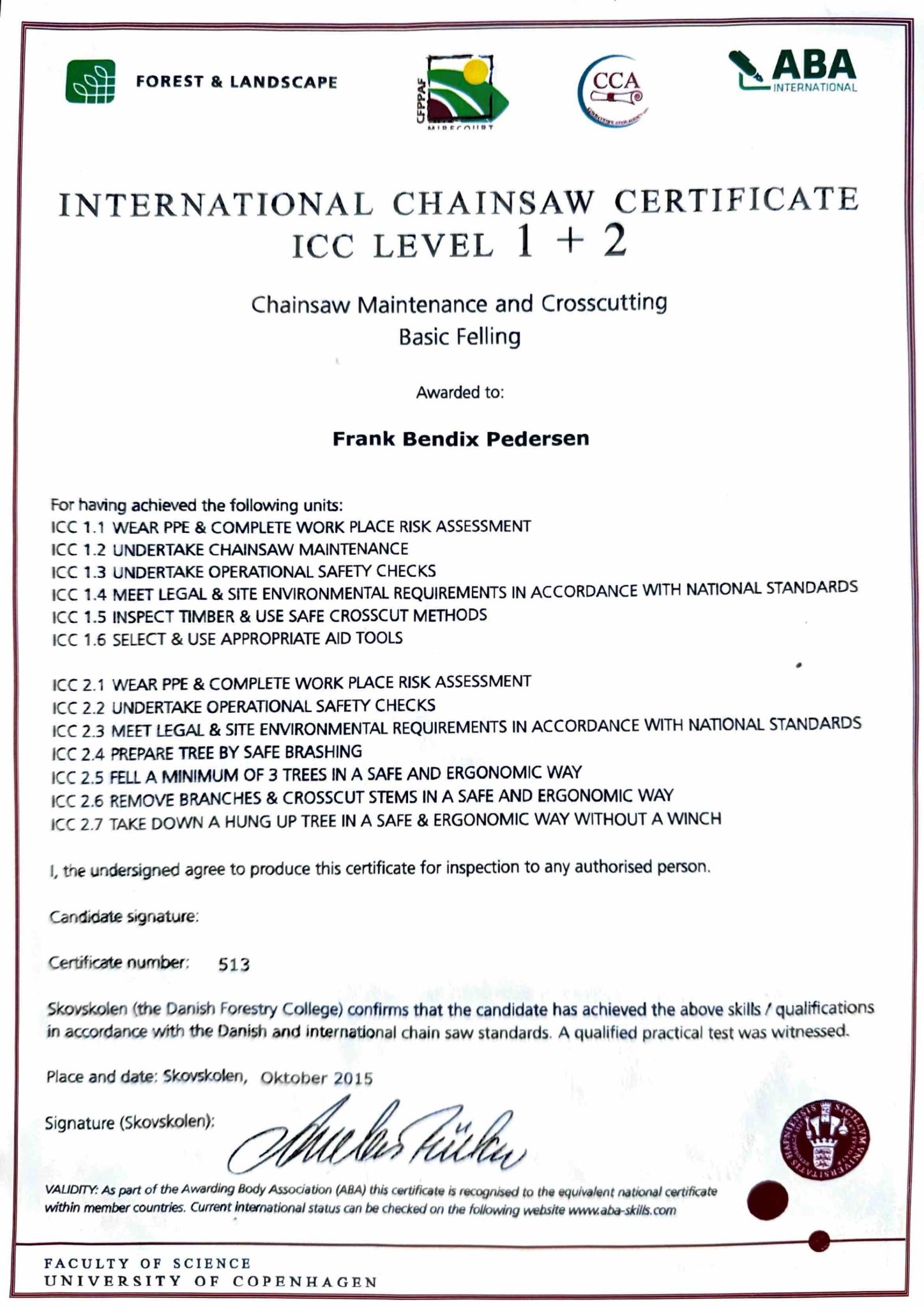 International Chainsaw Certificate (ICC) level 1+2 i motorsavsarbejde
