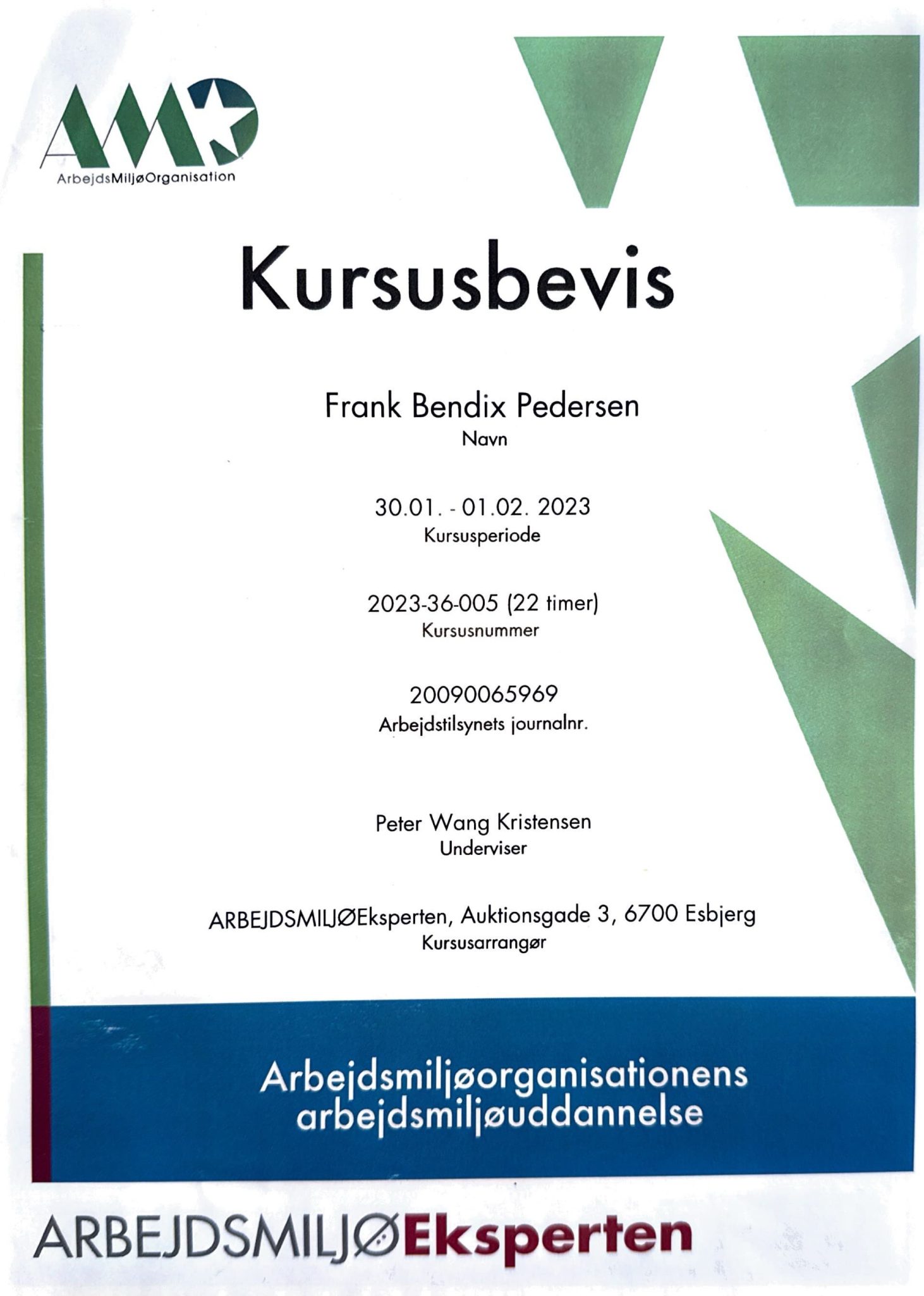 Kursusbevis i arbejdsmiljø fra Arbejdsmiljøorganisationen